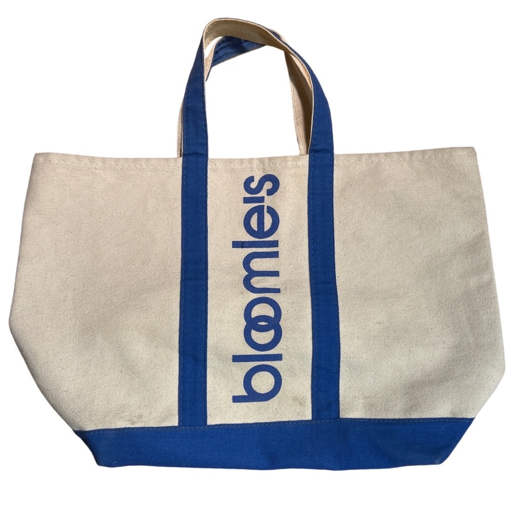 Vintage Bloomingdales Bloomies Canvas Tote Bag Blue Cream Large Shopper NY